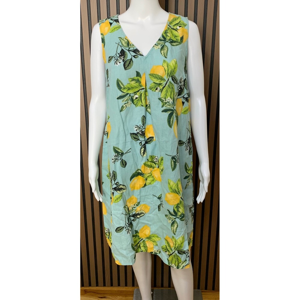 J. Jill Love Linen Lemon Print Sleeveless V-Neck Shift Dress Blue Yellow M
